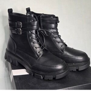 UNILADY NEW Black Lug Sole Combat Boots Double Buckle Moto WELL-4 Size 10 NIB